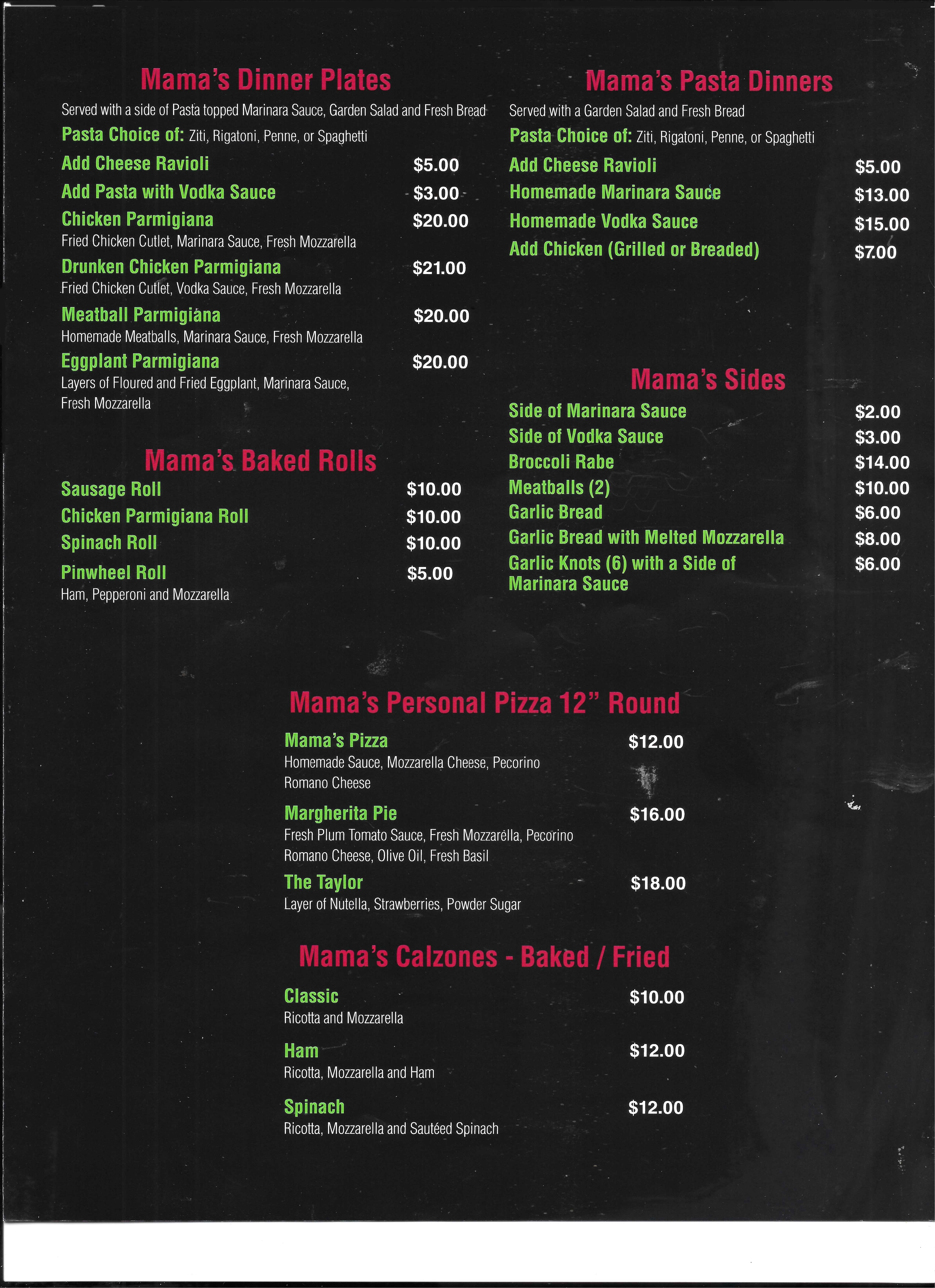Mama's pizza menu top